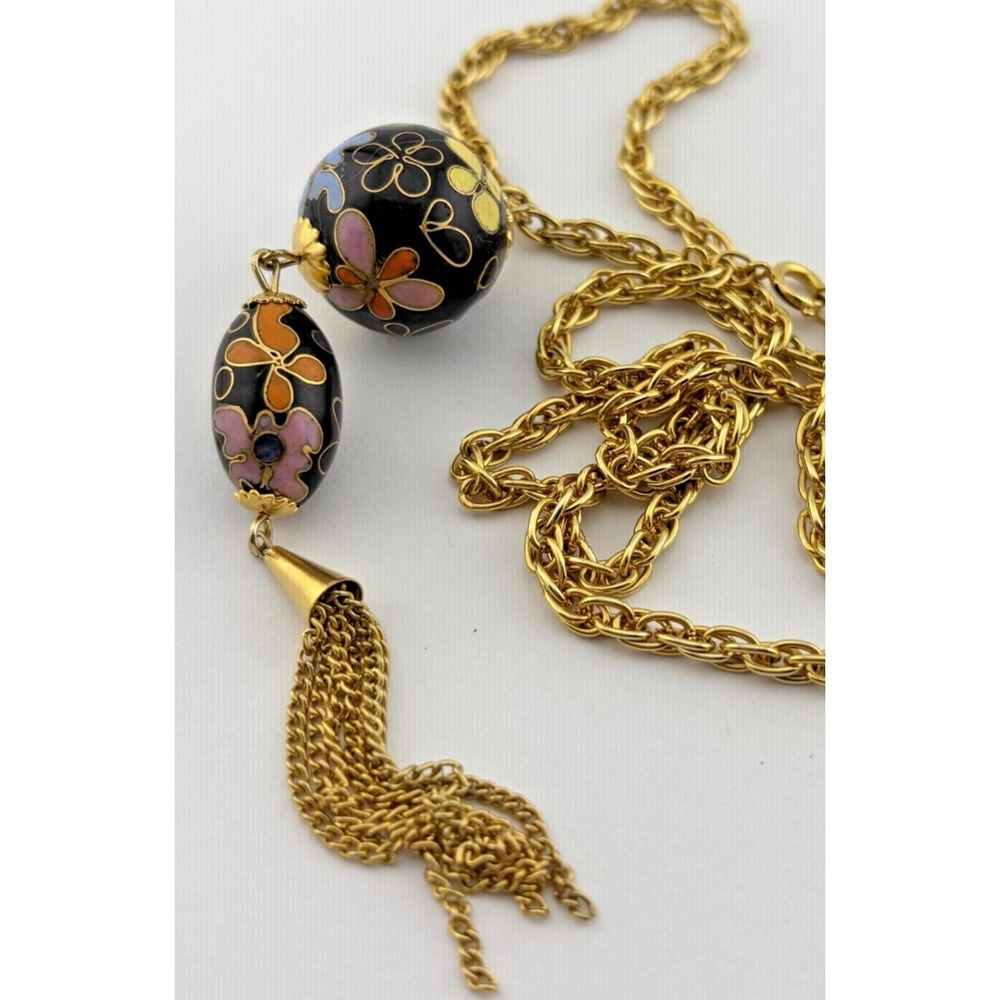 Vintage Cloisonne Enamel Floral Bead Tassel Necklace Long Gold Tone Chain‎ 26" - Picture 3 of 10
